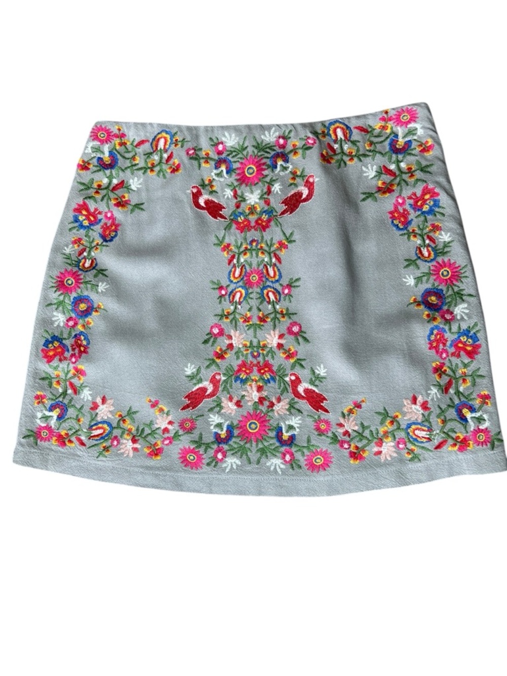 Altar’d State Embroidered Mini Skirt Gray Floral Bird Boho Festival Size Medium